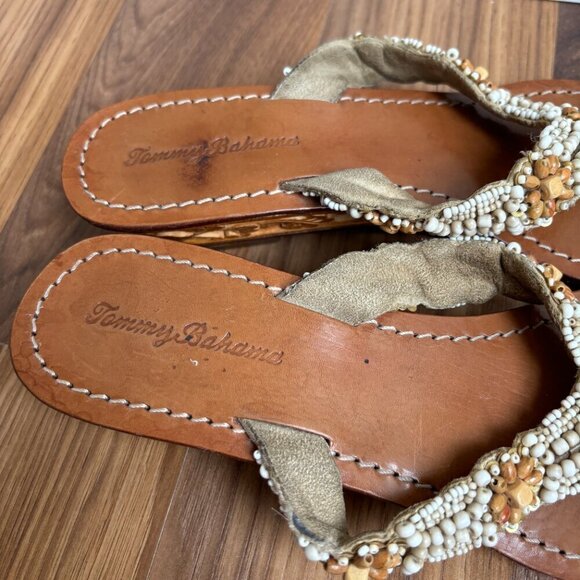 Tommy Bahama Beaded Carved Wood Wedge Flip Flop Thong Sandals Beachy Boho - Picture 9 of 15